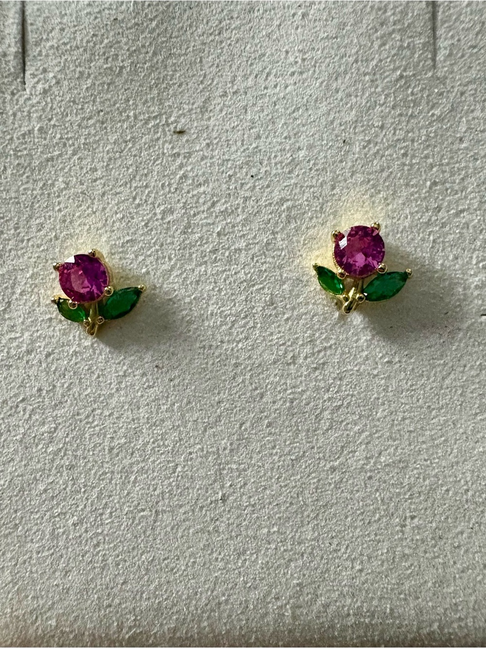 Gold Floral Stud Earrings with Pink and Green Gemstones